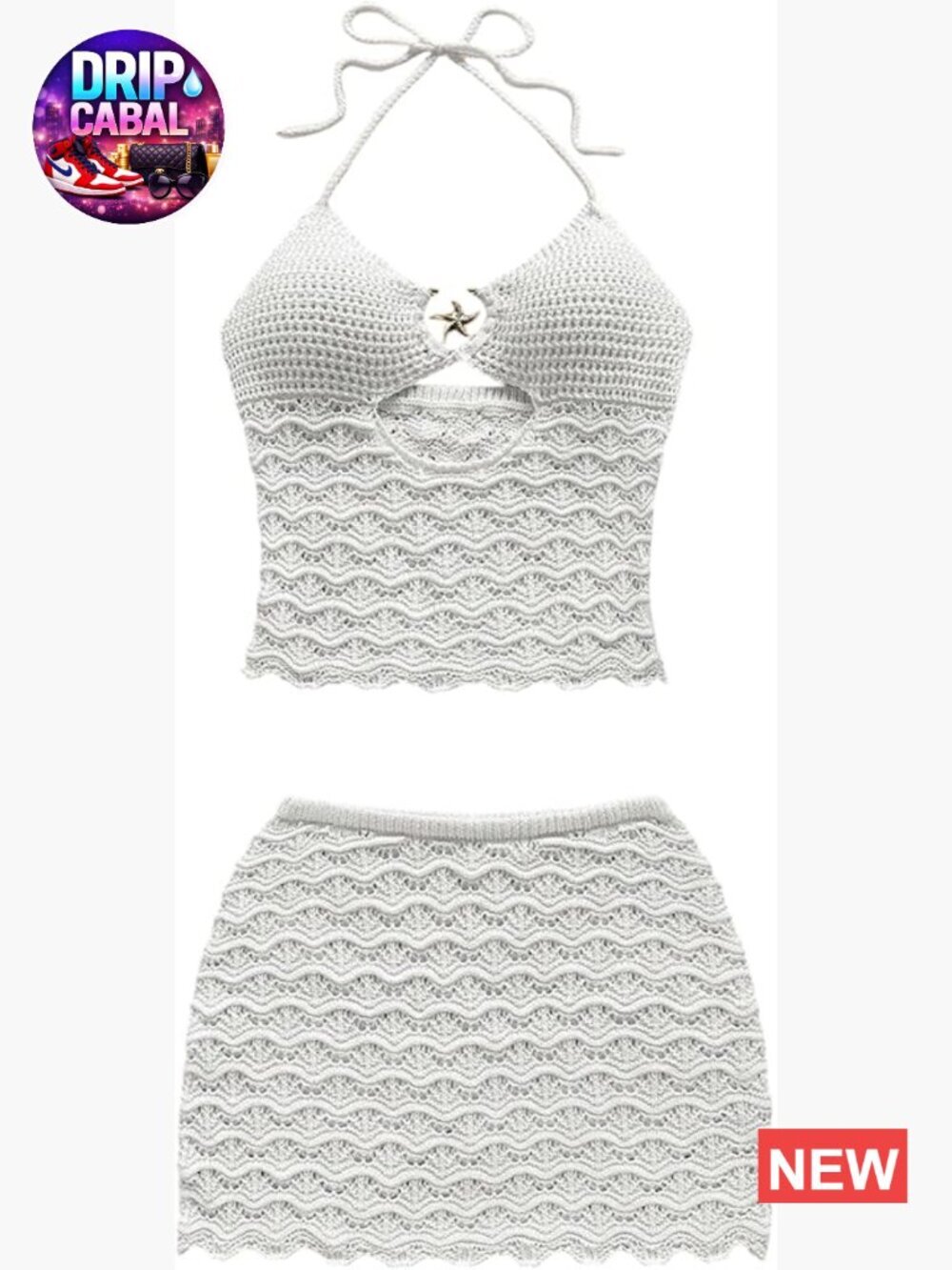 2 Piece Crochet Backless Halter Crop Top and Bodycon Mini Skirt Set Summer